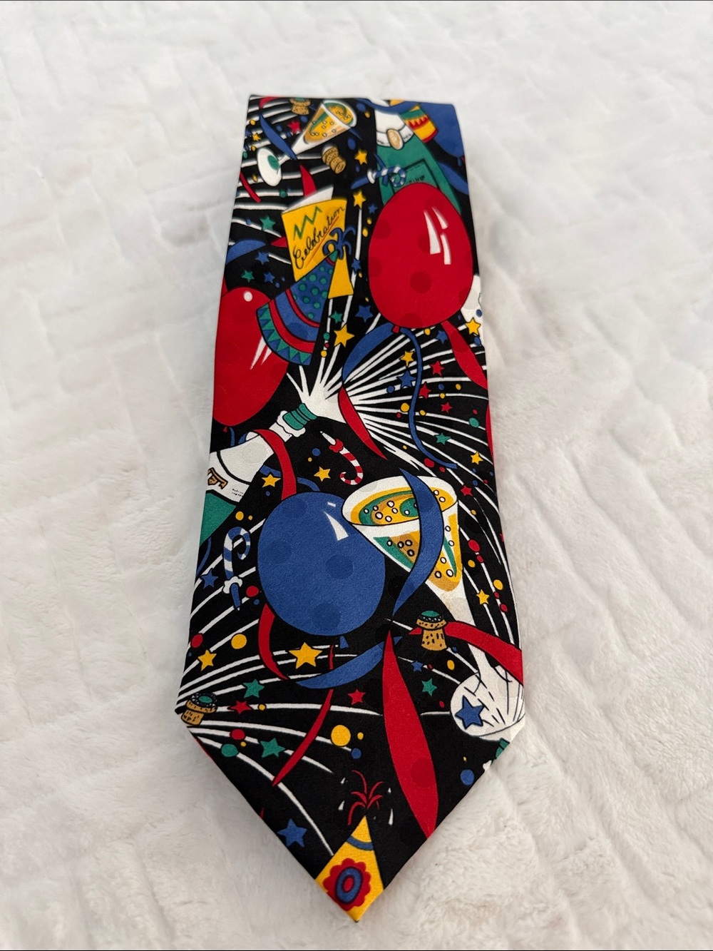 Novelty Party Balloon Print Men's Tie - Black with Red & Blue Accents 100% Silk